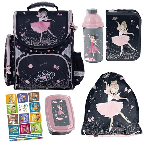 Goldkids - Schulranzen für Jungen und Mädchen - Schul-Rucksack für Kinder mit Federmäppchen - Schuhbeutel, Brotdose, Trinkflasche und Hausaufgabenheft - Ballerina Motiv - 1-3 Klasse