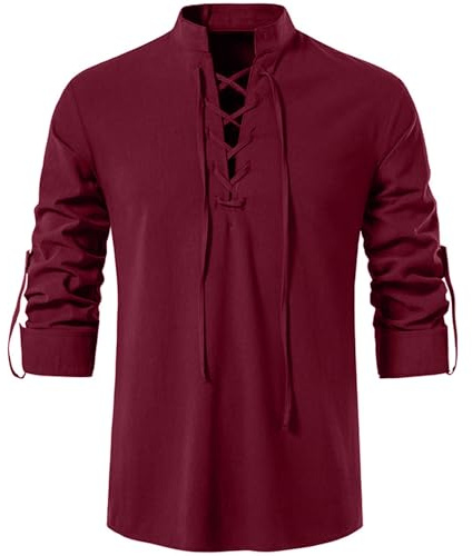Rodawu Camisas de manga larga de algodón y lino para hombre, estilo medieval, con cordón, estilo Henley, camisetas vikingas, rosso, XXL