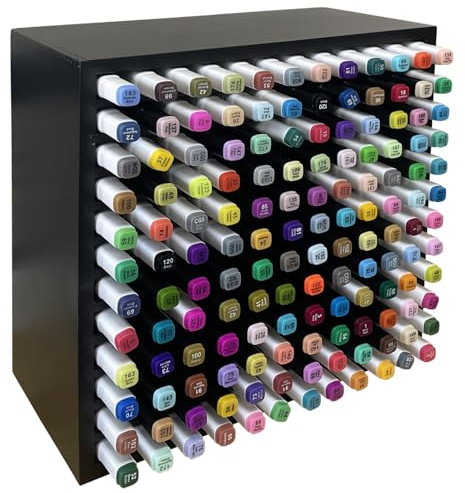 MinBoo Bamboo Marker Organizer Wooden Art Supply Storage Organizer Rack Art Markers Pens Colored Pencils Paint Brushes Stationary Organizer Holder (Black, Rack for 144 Markers)