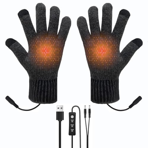 USB Beheizte Handschuhe für Herren Damen,Gestrickte Vollfinger Beidseitig Heizung Handschuhe,DREI-Gang-Temperaturregelung Touchscreen Handschuhes,Unisex Winter Fäustlinge für Drinnen (Dunkelgrau)