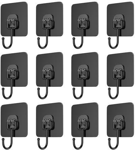 12 Stück Klebehaken Extra Stark,Klebehaken Schwarz Matt Ohne Bohren,Klebehaken Decke Extra Stark,Haken Selbstklebend Schwarz für Badezimmer,Wandhaken,Küchenutensilien,Schlüssel,Decke Aufhänger