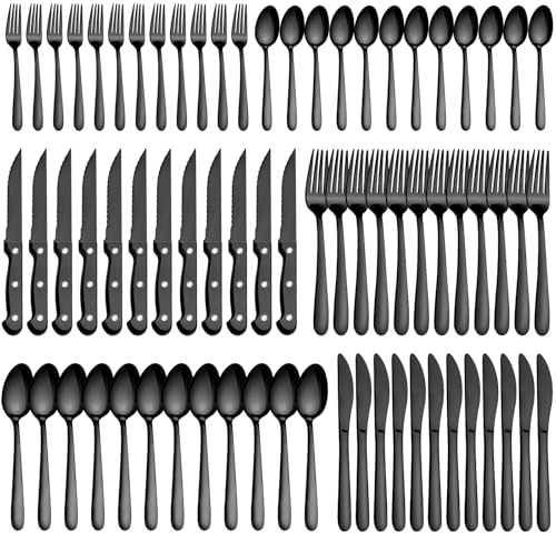 Pleafind 72Pcs Black Silverware Sets for 12 - Dishwasher Safe, Flatware Set with Steak Knives, Stainless Steel Cutlery Set, Include Forks Spoons and Knives Set, Utensil Sets for Home Restaurant