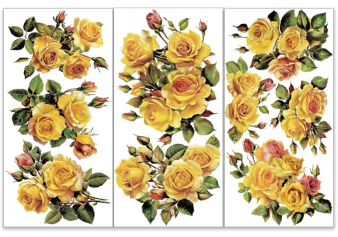OLYCRAFT 3 pz/Set Rose Gialle Trasferibili per Mobili e Artigianato 15x30cm Vintage Vittoriano Rose Mobili Decalcomanie Bouquet Trasferimento Adesivi Decalcomanie per Mobili In Legno Decorazione