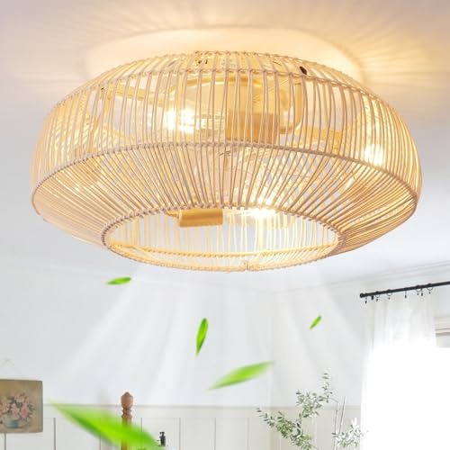 20'' Boho Rattan Ceiling Fan with Light, Coastal Caged Ceiling Fans with Lights and Remote Control, Enclosed Hidden Flush Mount with Reversible 6 Speeds for Living Room Bedroom Nursery
