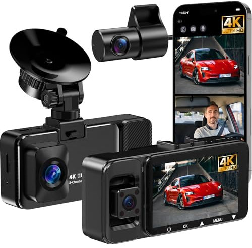 LECTRUS Caméra embarquée 3 canaux 4K pour voiture avant et arrière, WiFi 5G, contrôle par application, vision nocturne, caméra embarquée, caméra embarquée pour voiture, écran IPS 3, WDR, capteur G