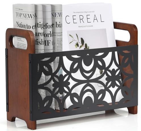 QILICHZ Magazine Holder,Wood Magazine Rack Floor,Rustic Magazine File Holder Organizer,Decorative Magazines Storage Basket for Books,Newspapers,Mails,Files