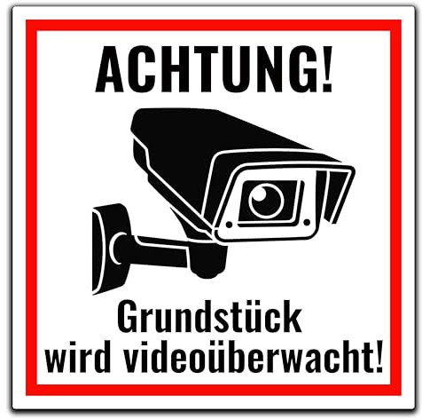 Schild Videoüberwachung - Achtung! Grundstück wird Videoüberwacht Warnschild - Hinweisschild, Schilder 24 Stunden Kameraüberwachung, 24/7 Überwachung v2 (Aluverbund Weiß, 15x15 cm)