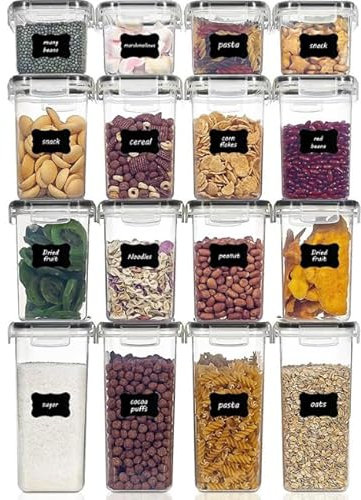 Cozary Contenitori Ermetici per Alimenti con Coperchio – Set da 16 Contenitori in Plastica Senza BPA per Pasta, Farina, Cereali – Organizer Cucina per Dispensa e Cassetti