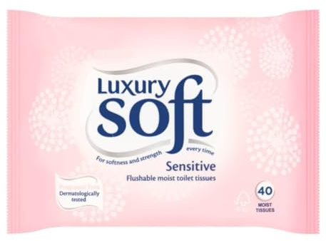Luxury Soft Sensitive Flushable Moist Toilet Tissues, 40 Tissues, Dermatologically Tested, Fragrance Free