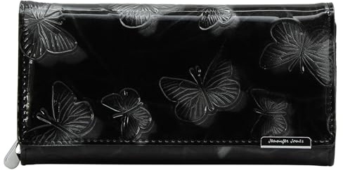 Jennifer Jones - Leder Damen Geldbörse Schmetterling Design Großer Geldbeutel Modisches Lack-Leder RFID-Schutz Schwarz