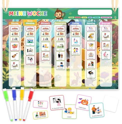 Montessori Wochenplaner Kinder Magnettafel inkl. 285 Magnete Wochenplan | Magnetisch Montessori Aufgabenplaner Magnete Beschreib und Abwischbar Magnettafel Wochenplanung, für Kinderkalender Routine