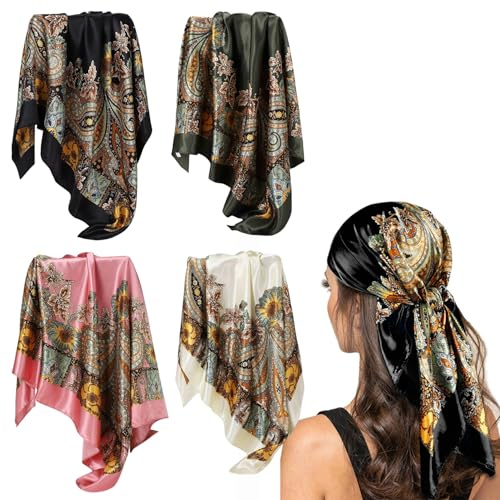 Queerelele 4 Stück Bandana Damen Kopftuch Damen Sommer Seidentuch Haartuch Mädchen Headscarf Satin Bandana Seide Kopftuch Quadratischer Schal Halstuch für Damen Hals kopftuch Decoration (90 * 90CM)