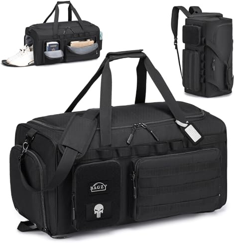 BAGZY Bolsa Deporte Hombre 55 litros Mochila Gimnasio Táctica Militar Impermeable Bolsa de Viaje Grande Bolso Deporte Mujer para Entrenamiento para Deportes, Fitness, Fin De Semana, Camping, Negro