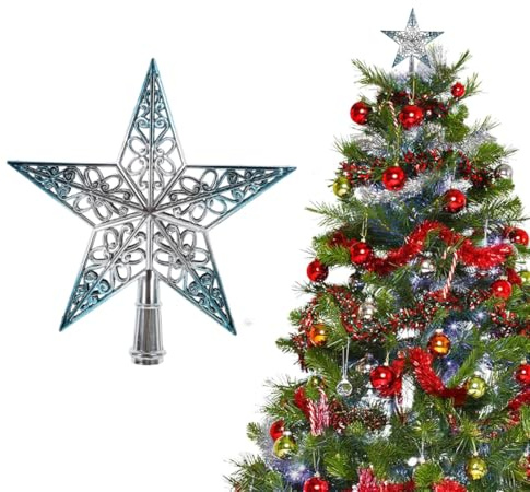 Weihnachtsbaumspitze Stern Baumschmuck Glitzernde 3D Ausgehöhlter Baumspitze Weihnachtsbaumspitzenstern,Silbrig-Blaue Dekoration Funkelnder Glitzernd, zum Aufhängen, Weihnachten für Dekor 20CM