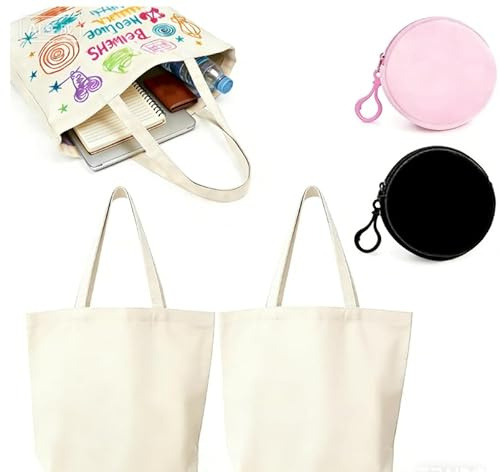 YDAKGUEY Stoffbeutel zum Bemalen, 2 Stück Groß Baumwolltasche Stofftaschen, Baumwolltaschen Unbedruckt mit 2 Münzbeutel für Wäsche Sport Shopping Wiederverwendbare Tote Bag(45 X 35 X 15cm)