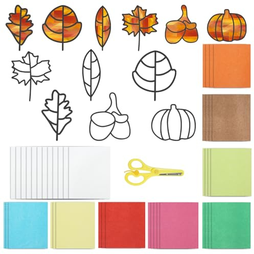 12 Stück Herbst Bastelset Kinder Fensterbilder mit Ahornblättern, Kreatives Bastelset Herbst für Kinder zum Basteln und Dekorieren, DIY Herbstdeko Basteln mit Kindern für Fenster, Zuhause und Kinderga