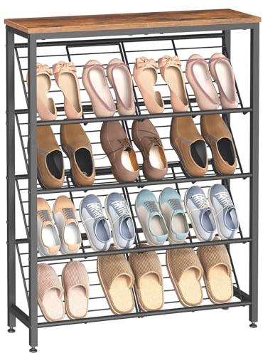 HOOBRO Scarpiera a 5 Ripiani Inclinati, Scaffale Portascarpe Stretto per 12-16 paia, Stile Industrial, per Corridoio, Camera da Letto, Ingresso, Marrone Vintage e Nero EBF20XJ01