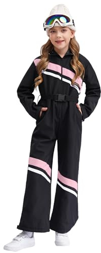 Miutii Skiddräkt för barn, flickor med bälte, huva, snödräkt, vindtät vattentät snöoverall, jumpsuit, Het rosa och svart, 122-128