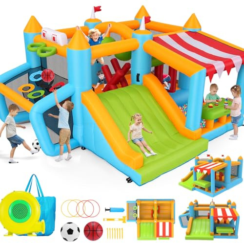 Château Gonflable avec Parcours d'obstacles pour Enfants de 3 à 12 Ans, 3,8 x 3,4 m, pour intérieur et extérieur, avec Toboggan, Piscine à balles, Surface de Saut, Terrain de Football, Panier de