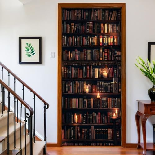 Türtapete selbstklebend Bücherregal 77 x 200 cm Türfolie Türaufkleber Türposter Retro Wasserfest 3D Wandtattoo für Teenager