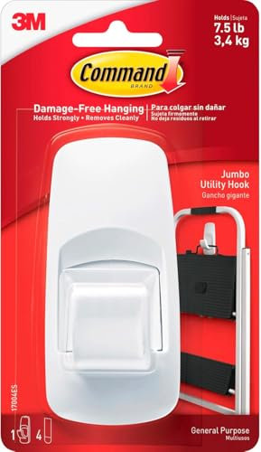 Command Jumbo Utility Hook, Pack of 1 Hook and 4 Adhesive Strips, White - Damage Free Hanging - Holds up to 3.4kg