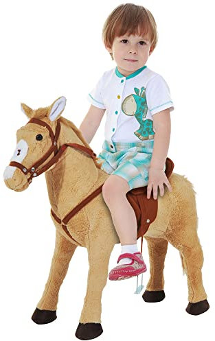 HOMCOM Reitpferd auf Rollen 60 cm Stehpferd mit Sattel, Zaumzeug Steigbügel Sound Spielpferd zum Reiten Draufsitzen Schaukeltier für Kinder ab 3 Jahre, Schaukelpferd Plüschpferd Indoor Outdoor Beige