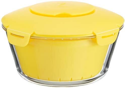 PASABAHCE 4995808 Cuociriso Microonde Zest in Vetro con Cestello in Plastica e Coperchio in Materiale Antiscivolo, Giallo, Lt 2.2