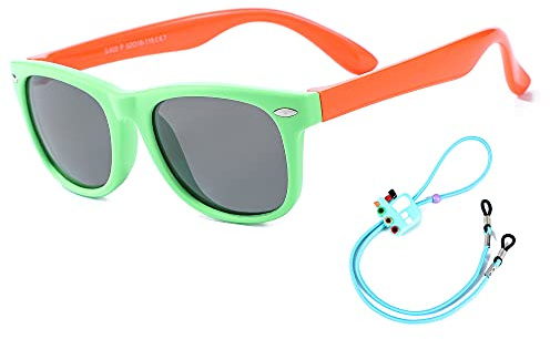 Flexibla solglasögon för barn, polariserade, okrossbara solglasögon för småbarn, för pojkar, pojkar, flickor, stiligt, 100 % UVA/UVB-skydd med fodral, ålder 2–8 (grön/orange)