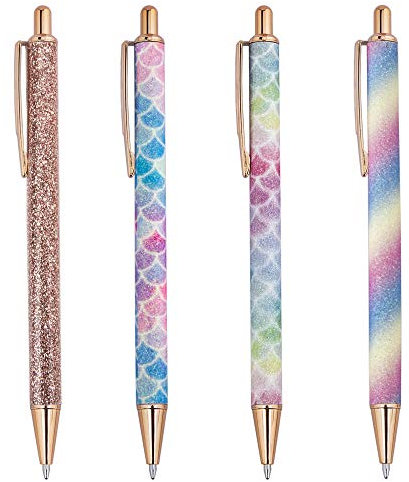 ISIYINER Stylos à Bille Brillants Stylo Rétractable en Métal Stylos Or Rose pour École Fournitures de Bureau, 1,0 mm, Encre Noire 4 Pièces