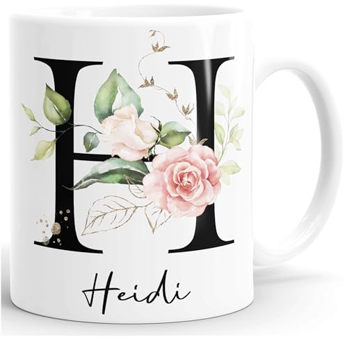SpecialMe® Kaffee-Tasse mit Buchstabe Initiale Monogramm personalisiert mit Namen Rosen-Motiv persönliche Geschenke Weiss Keramik-Tasse