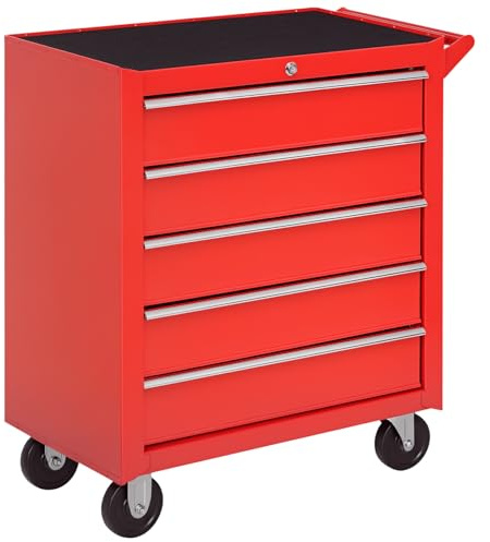HOMCOM Carrello Porta Attrezzi a 5 Cassetti con Serratura, 4 Ruote e Maniglia, Carrello Officina in Acciaio 69x33x75cm, Rosso