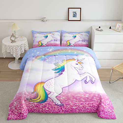 Loussiesd Juego de ropa de cama con colcha de unicornio de ensueño, tamaño individual para niñas y mujeres, color arcoíris, caballo rosa, con 1 funda de almohada, microfibra suave, para invierno y