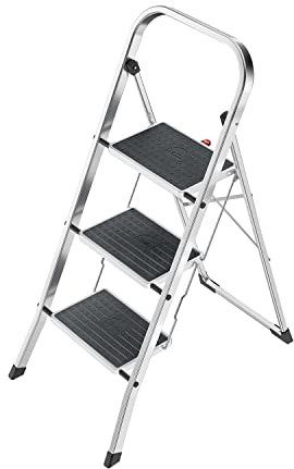 Hailo Alu-Klapptritt StandardLine, 3 große Stahl-Stufen bis 150 kg, kleine Alu Leiter mit Anti-Rutsch-Matten, Trittleiter mit Klappsicherung, Silber, Aktuelles Modell K70