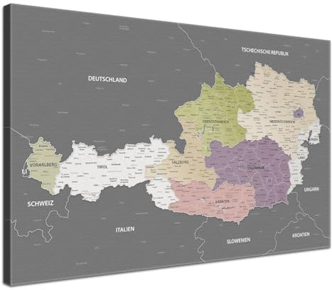LANA KK - Premium Leinwandbild Österreichkarte - Graphit Grau - Deutsch - in 80 x 60 cm, stabile Rückwand zum Pinnen inkl. Starterkit - Leinwand-Kunstdruck Wandbild Landkarte XXL