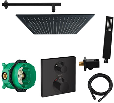 vanvilla Duschsystem Unterputz mit Duscharmatur Hansgrohe schwarz HGS03-XL | Duscharmatur von Hansgrohe Ecostat Square Thermostat Armatur und vanvilla Regendusche Duschkopf eckig, Dusch-SET schwarz