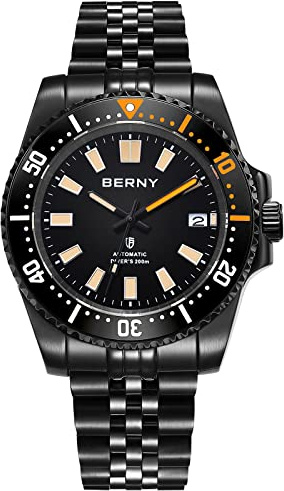 BERNY Taucheruhr für Herren AR-Beschichtung Saphirglas drehbare Lünette Automatische Armbanduhr mit einschraubbarer Krone 20ATM Wasserdicht Edelstahl Armband Uhren Super Leuchtend Schwarz