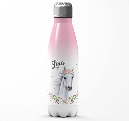 Mikalino Kinder Edelstahl Trinkflasche Weißes Pferd mit Blumenranke und Wunschname Einschulung Geschenk Geschenkideen Thermosflasche Mädchen Junge, Farbe:rosaweiss, Grösse:500ml