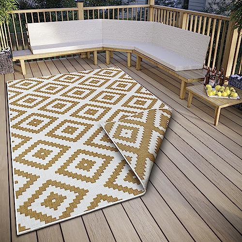 NORTHRUGS Malta - Tappeto reversibile per interni ed esterni, tessuto piatto, design geometrico, certificato Öko-Tex, resistente alle intemperie e ai raggi UV, per balcone, terrazza, giardino, ocra,