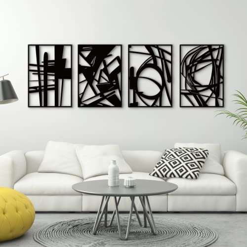 Glamativity 4-pack svart abstrakt väggkonst i metall, minimalistisk inredning, enkel linje, konst väggdekor, 3D-strukturerad, väggskulpturer i metall, för vardagsrum, sovrum, badrum, studierum (svart,