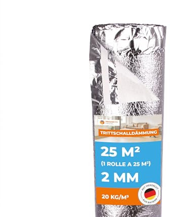 Profi Trittschalldämmung 25 m² PREMIUM SILVER - 1 Rolle 2mm stark mit Dampfsperre, Schall- und Wärmedämmung für Parkett und Laminat, Fußbodenheizung geeignet