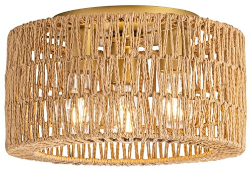 Rattan Ceiling Light Fixture, 3 Light Bohemian Modern Woven Ceiling Light, Boho Flush Mount Ceiling Light for Bedroom Living Room Dining Room, Bulb NOT Included