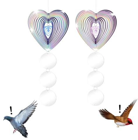 Kotkiddy® Lot de 2 répulsifs d'oiseaux, réfléchissants, en spirale de vent, idéal pour la maison et le jardin, pour la décoration, en forme de cœur