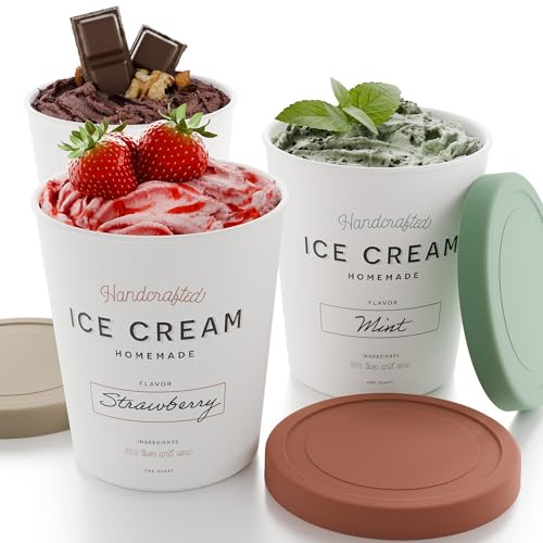 ZICOTO Juego de 3 recipientes de hielo reutilizables de 1 litro cada uno, perfectos para sorbete casero, yogur congelado o helado. Recipientes de almacenamiento apilables, calcomanías y tapas que