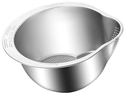 Sollee Bol de rinçage du Riz Bol de Lavage du Riz avec Tamis Bol de Lavage du Riz Japonais avec Tamis Bol de Lavage en Acier Inoxydable avec égouttoir latéral et inférieur pour Fruits et légumes