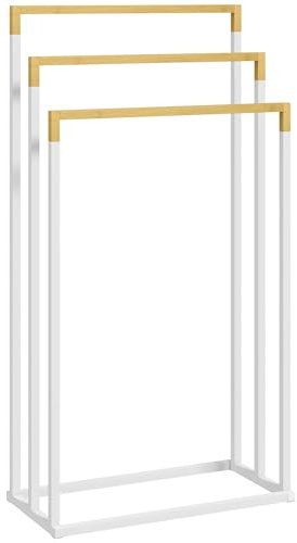 kleankin Porte-Serviettes en Bambou et Acier sur Pieds avec 3 Barres Support pour Serviette 45 x 22,5 x 86 cm - Blanc et Naturel