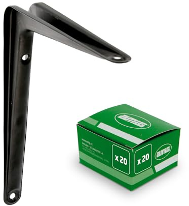 Amig - Pack Soportes para Estantería de Pared - 20 piezas - Escuadras en Acero - 150X125 mm - Color Negro - Ángulo para Estantes - Soporte para Baldas - Fácil instalación