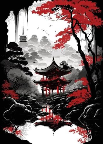 Leinwanddruck Japanische Naturlandschaft Posterdrucke Für Wohnzimmerdekor, Abstrakter Roter Baum Und Pavillon, Landschaft, Leinwandmalerei, Wandkunst, Geschenk, 21 X 30 Cm, Ohne Rahmen