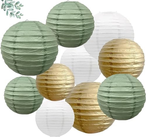 Lot de 10 lanternes Rondes en Papier Vert Sauge Blanc et Or - Lanterne Ronde en Papier à Suspendre - Décoration pour Mariage, mariée, fête prénatale, Sexe - Décoration d'anniversaire