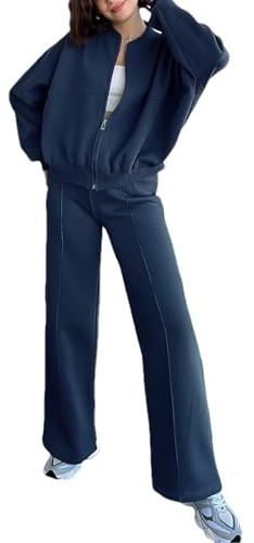 amropi Chándal de Mujer Chaqueta Sudadera con Cremallera y Pantalón Deporte Conjunto Azul Oscuro, XXL