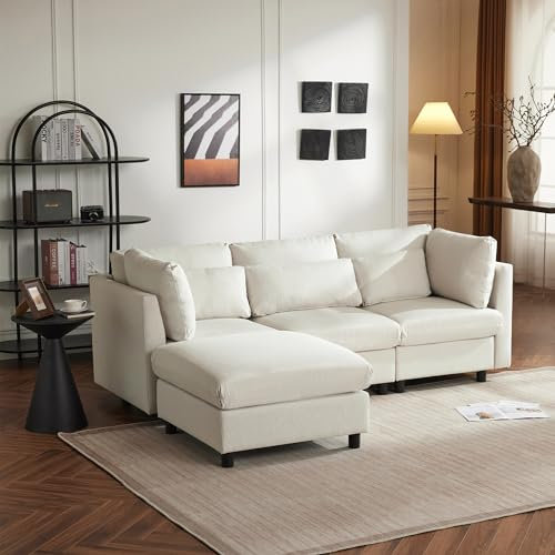 MQLAE Ecksofa, Modern Couch mit schlaffunktion, Sofa L Form, Dreisitzer-Sofa, Wohnzimmersofa, Eckcouch mit Fußhocker, Polstermöbel, Beige